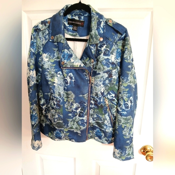 Colleen Lopez Slate Blue Blue Mint Green Floral Print Ultra Suede Cropped Jacket - Picture 1 of 8